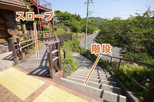 改札を出ると階段とスロープがあります。
